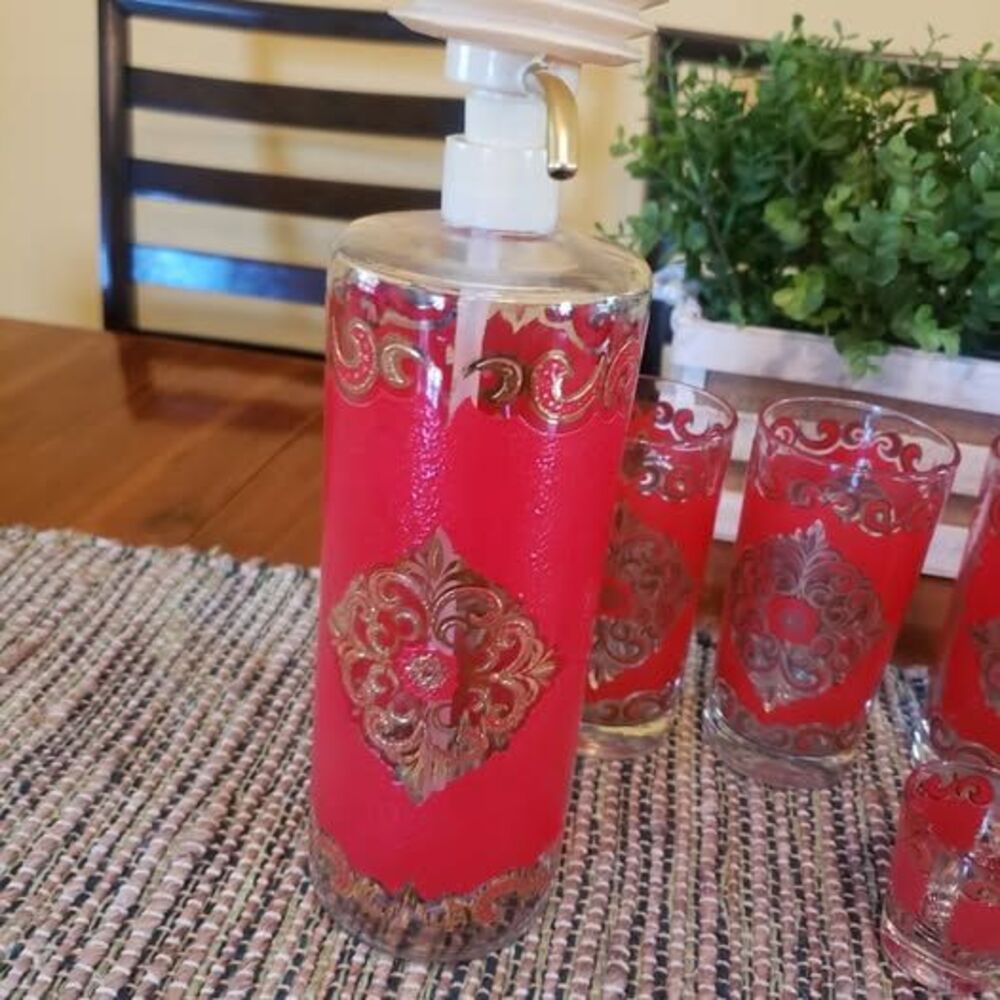 Mid Century Starlyte "Baroque red glasses and decanter with 22k gold accents